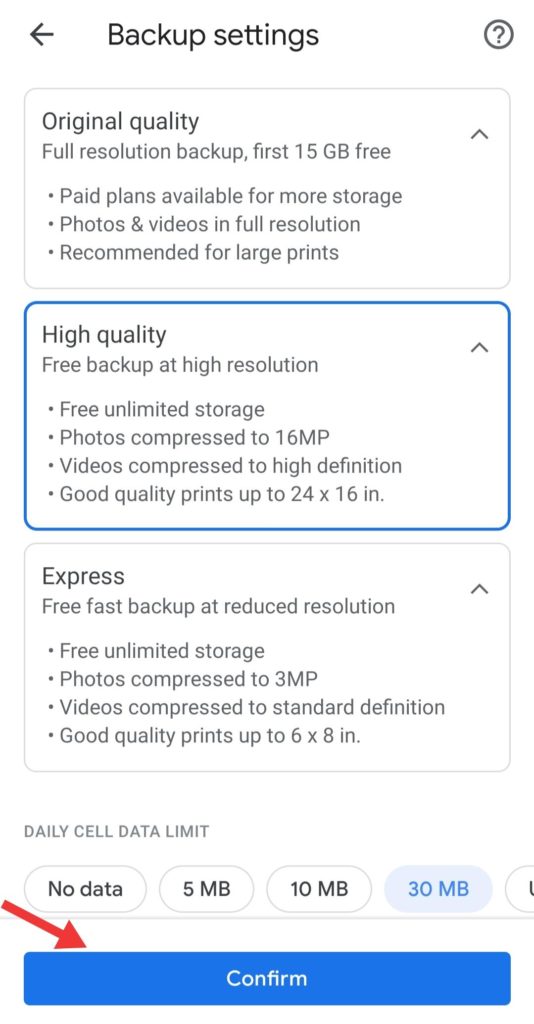 Google Photos Quality Select