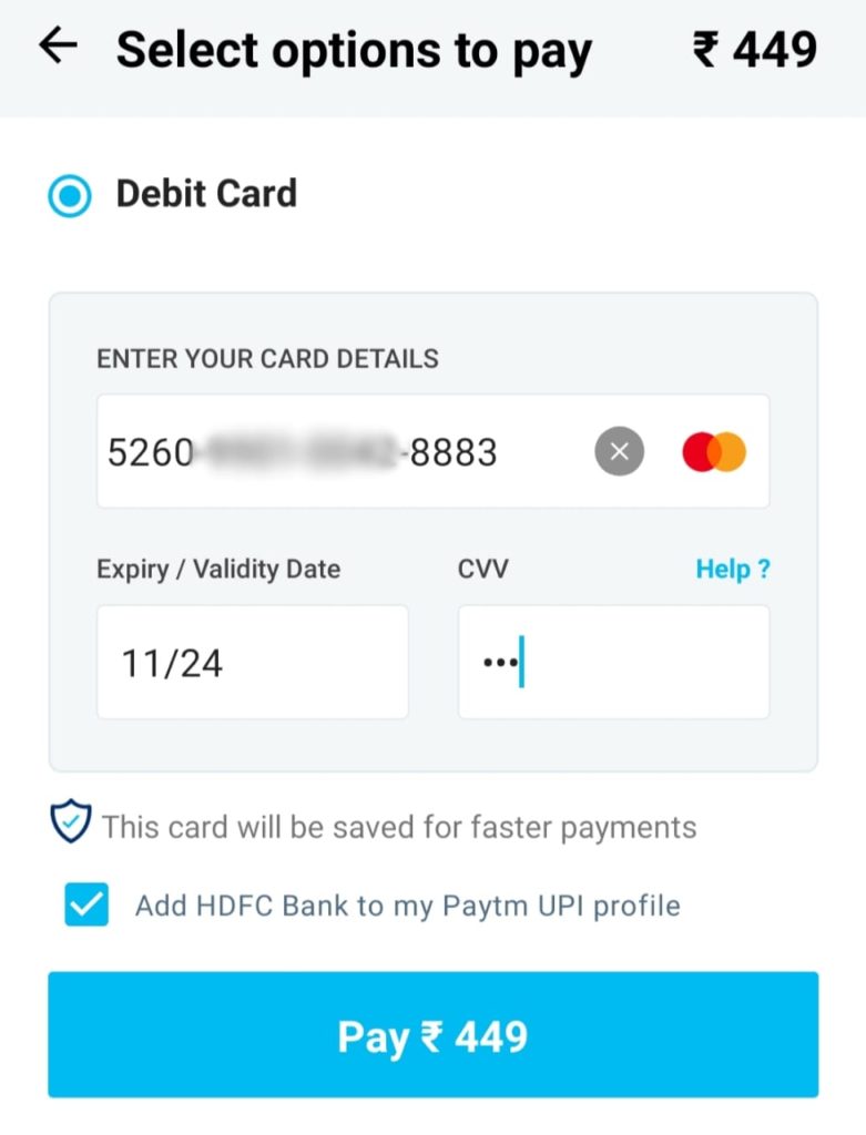 Paytm Payment Page Debit Card