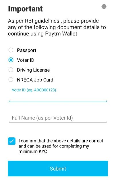 Paytm Minimum KYC ID Proof