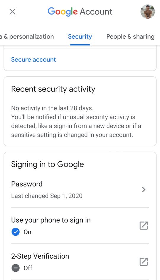 Security Section in Gmail
