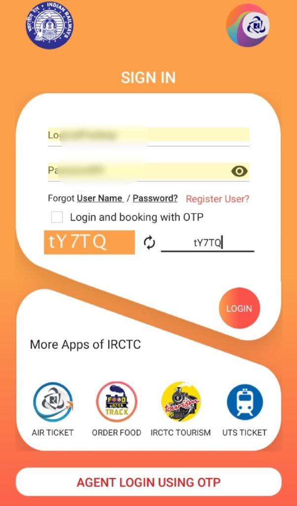 IRCTC Mobile App Login