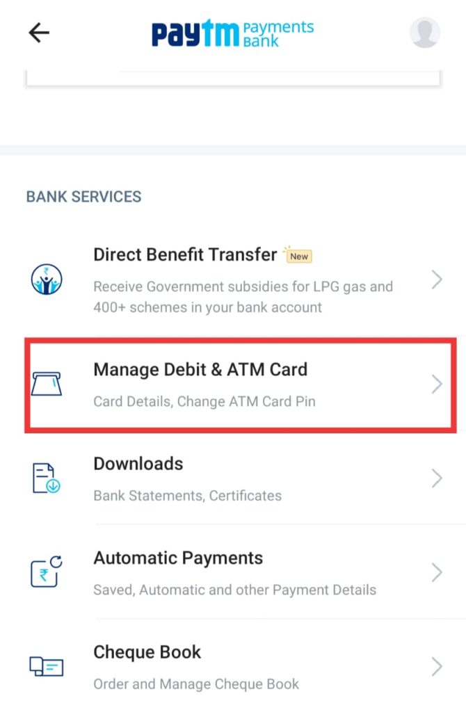 Paytm Bank Debit Card Manage