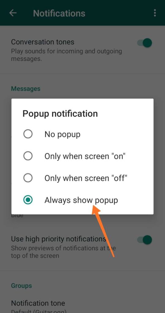 WhatsApp Settings Always Pop Up Notification