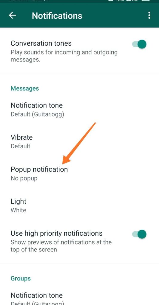 WhatsApp Settings Pop Up Notification
