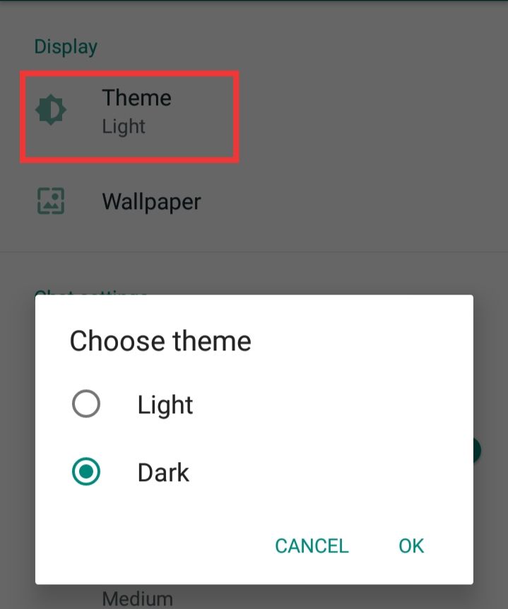 WhatsApp Settings for dark mode Theme