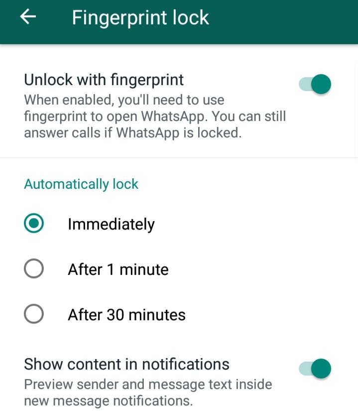 WhatsApp setting to enable fingerprint sensor time
