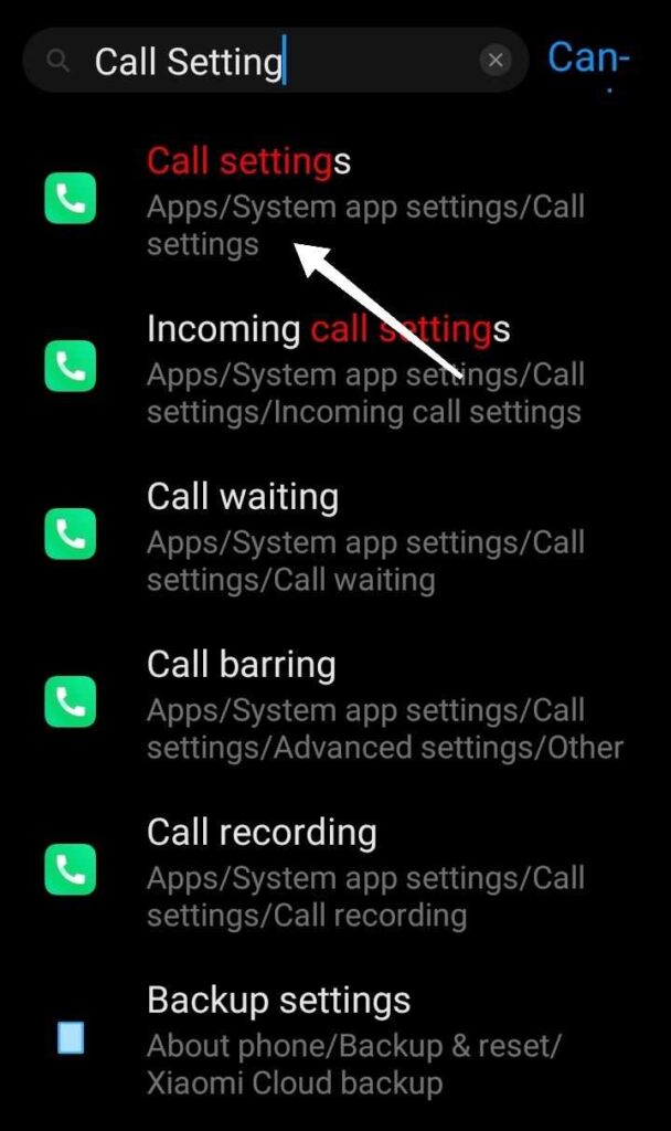 call settings search in settings