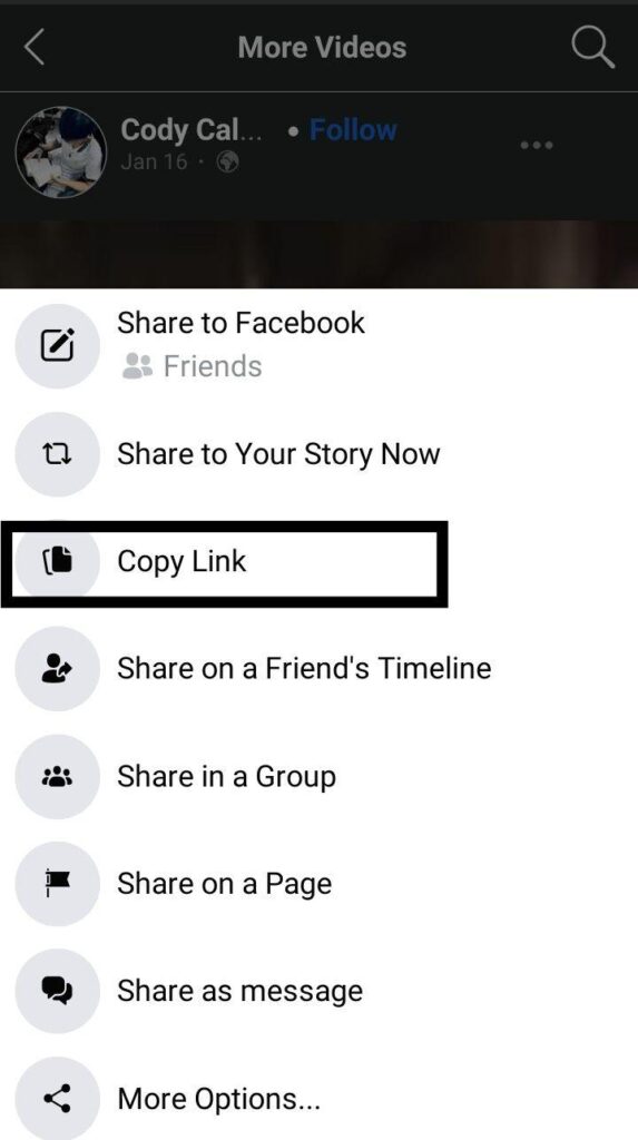 copy video link in facebook