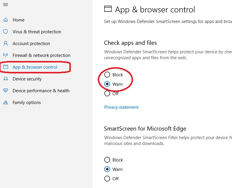 App & Browser Control settings