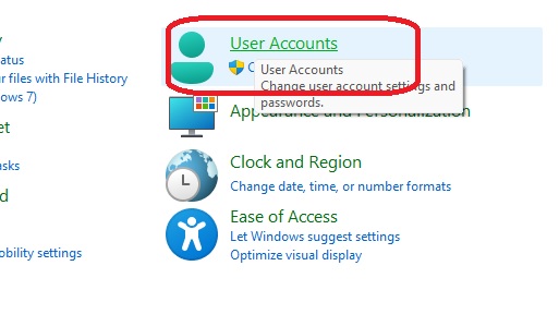 user account in control pane